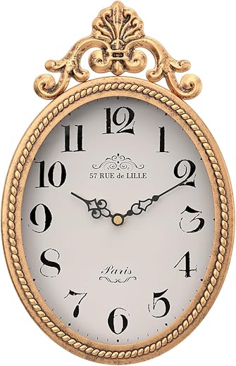 Abdurey Small French Retro Decorative Wall Clock, Antique Gold Vintage Oval Style,Silent Battery Operated Boho Decor Wall Clocks for Farmhouse,Kitchen,Bedroom,Bathroom(10.4