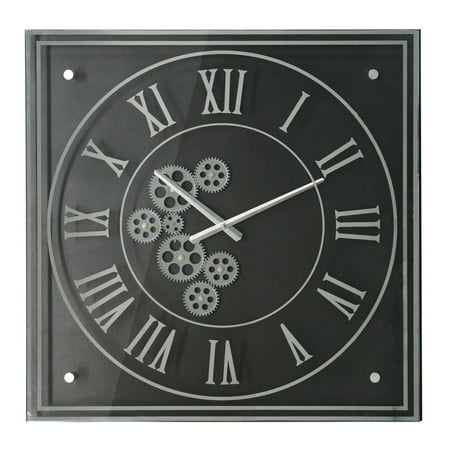 A&B Home Square Framed Gear Wall Clock with Roman Numerals - 24 - Black, Silver Finish