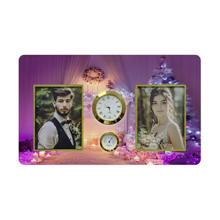 ABPHQTO Christmas Fireplace Tree Lights Xmas Hanging Sock Presents Family Couple Photo Picture Frame with Clock and Thermometer for Wall Hanging and Tabletop Display