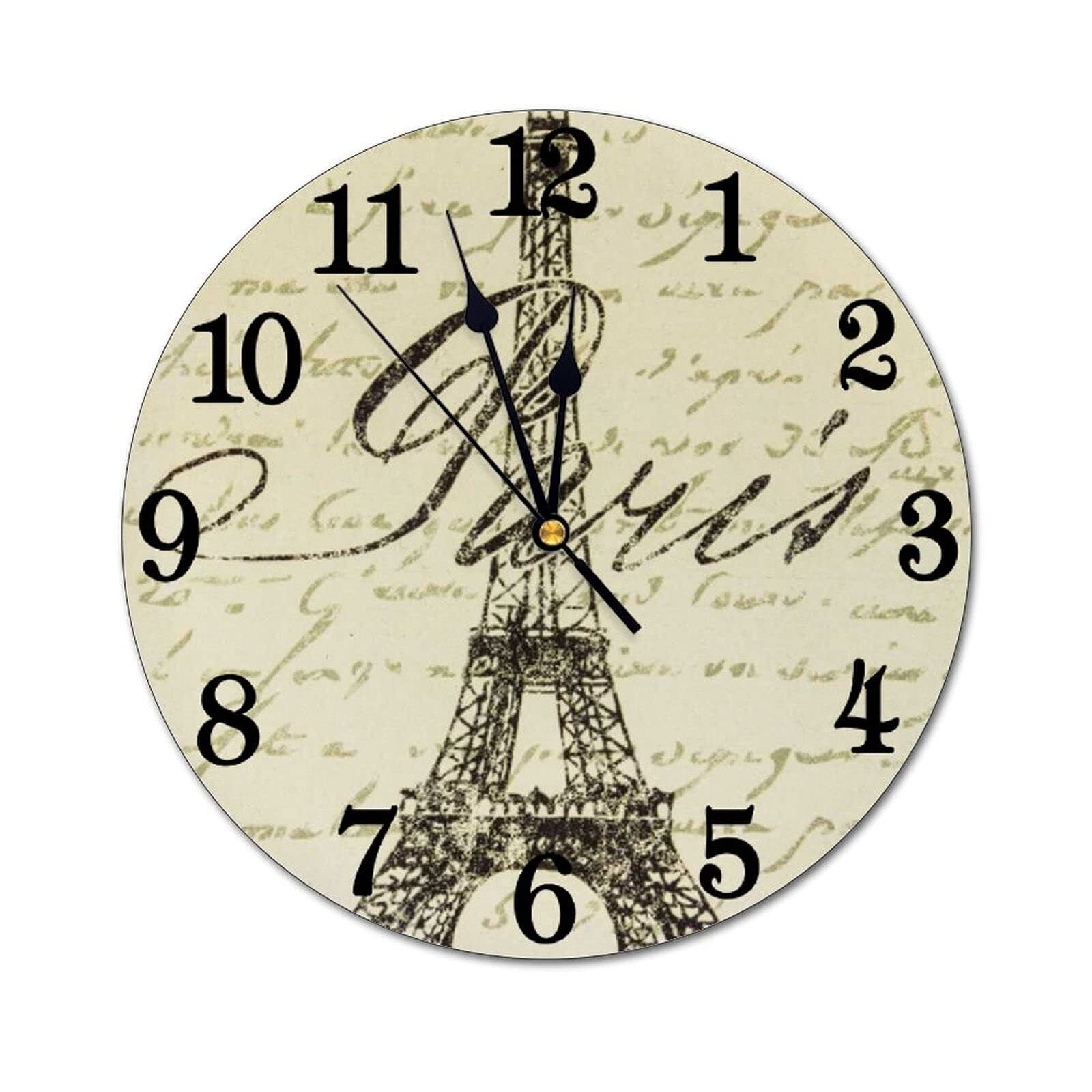 Abucaky Vintage Eiffel Tower Wall Clock Battery Operated Silent Round Clock Pari