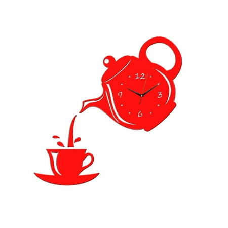 Acrylic Dial Teapot Wall Clock Non-ticking Clock Living Room office decor Non-ticking wall Kitchen Bedroom Office Decor red