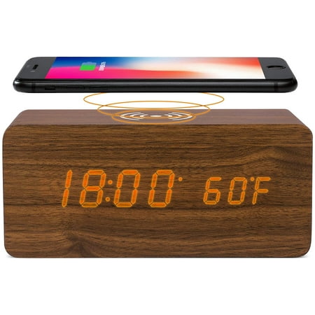 ACSTEP Brown Wood Digital LED Alarm Clock with Wireless Charging, Adjustable Sound & Brightness (Brown)