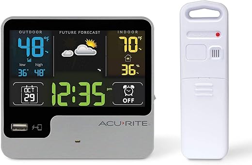 AcuRite 01129M Alarm Clock with USB Charger & Weather Station, Black