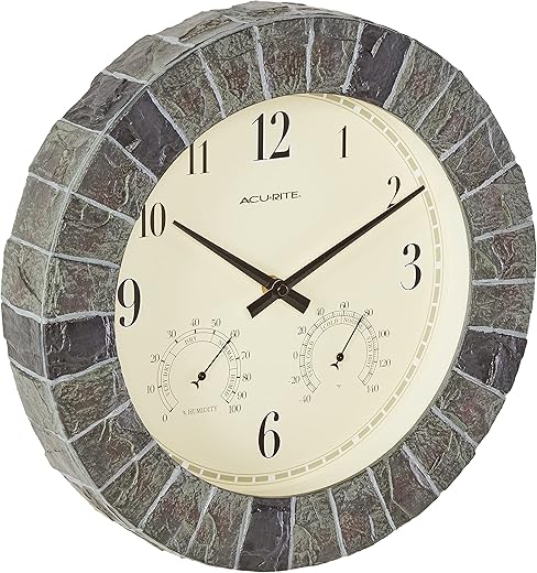 AcuRite 02418 14-Inch Faux-Slate Indoor/Outdoor Wall Clock with Thermometer, Hygrometer