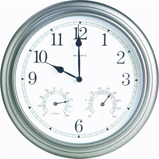 AcuRite 14-inch Indoor/Outdoor Wall Clock with Thermometer and Hygrometer, Pewter