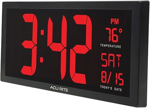 AcuRite Large Digital LED Oversized Wall Clock with Date and Temperature, Perfect for Home or Office (75127M), 14.5-Inch, Red