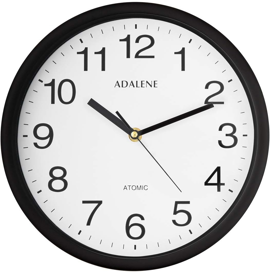 Adalene 10 Inch Large Atomic Wall Clock - Black Wall Clock Atomic - Battery Operated Wall Clock for Office, Kitchen, Bedroom, Bathroom, Outdoor