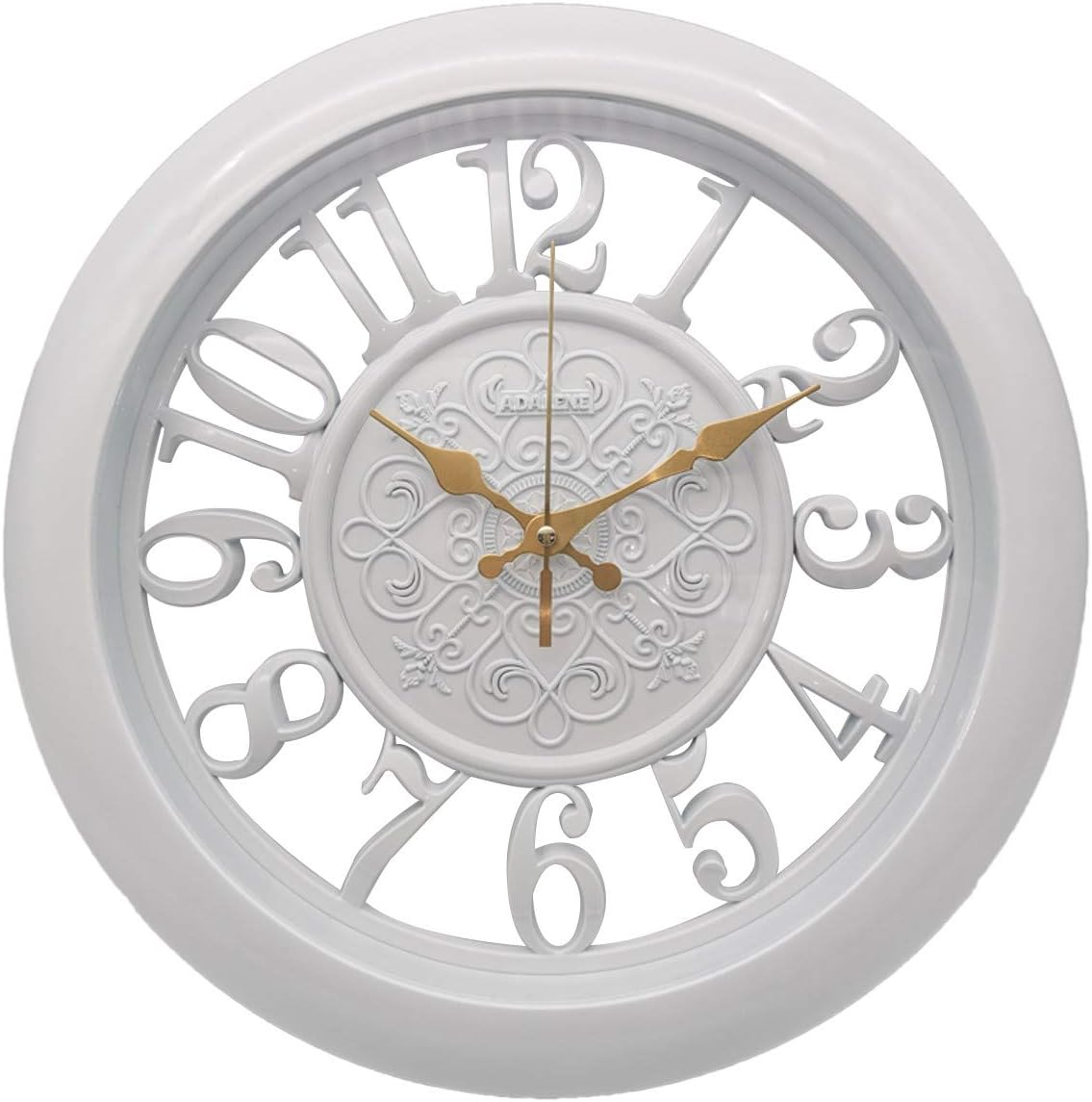 Adalene 13 Inch Large White Wall Clock, Battery Operated, Non Ticking, Vintage Rustic, 3D Arabic Numerals, Gold Metal Hands, Elegant White Coated Skeleton, Glass Cover