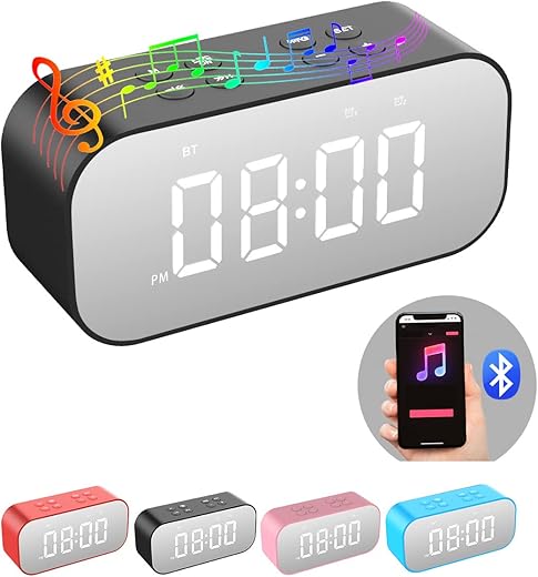 AFK Alarm Clock for Bedroom/Office,Digital Clock with Bluetooth Speaker,Small Alarm Clock for Heavy Sleepers Adults/Teens with Dual Alarms,Mirror LED Display,Hands-Free Calling.(12H Format)