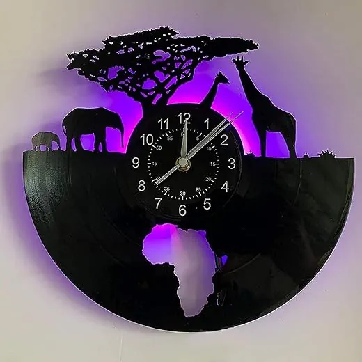 African Wildlife Wall Clock Giraffe, Elephant|Led Light - Vinyl Records Clock Lamp Decoration for Living Room - DIY Safari Animals Lamp - Very Suitable for Children's and Men Birthday Gift