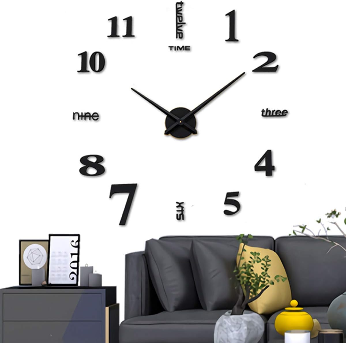 AILILIFE 3D DIY Wall Clock Decor Sticker Mirror Frameless Large DIY Wall Clock Kit for Home Living Room Bedroom Office Decoration (Black)