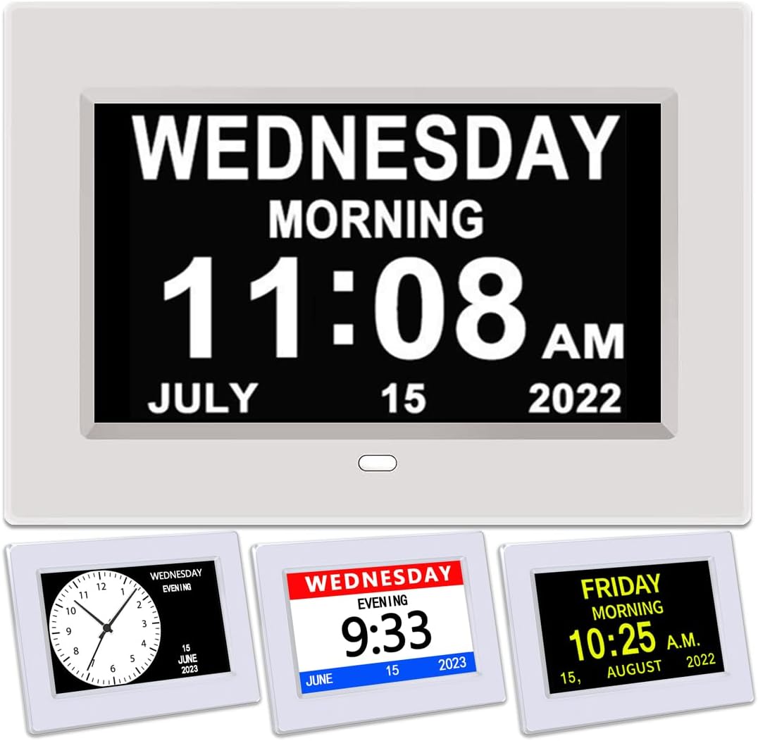 AINFTIME Clock with Day and Date for Elderly-3 Colors Display Digital Calendar Alarm Clock Dementia Alzheimers Clock with Extra Large Display (7in White)