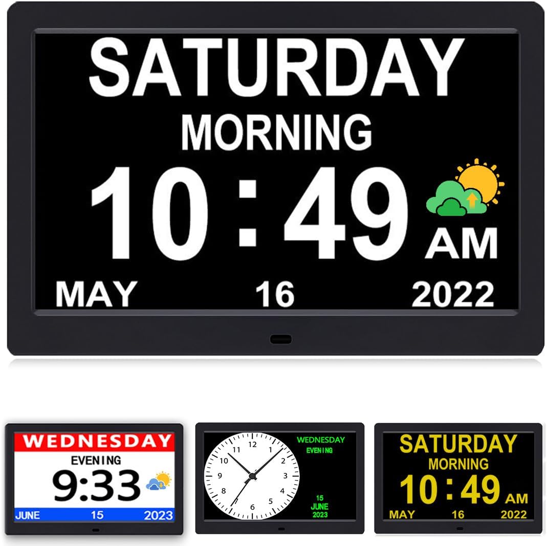 AINFTIME Digital Clock with Date and Day of Week for Elderly-12 Alarms Medication Reminder Dementia Alzheimers Clock Calendar with Extra Large Display (10.1 inch Black)