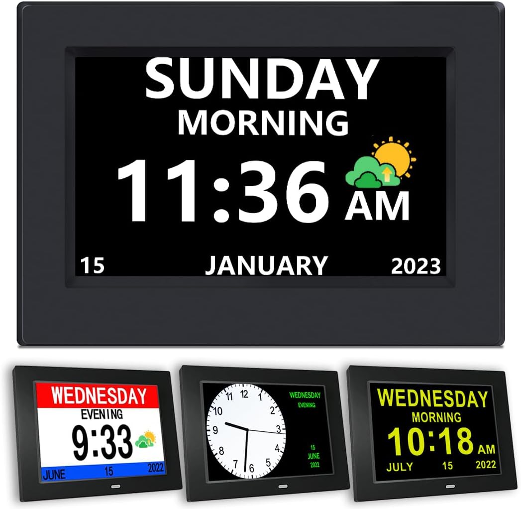 AINFTIME Digital Clock with Date and Day of Week for Elderly-12 Alarms Medication Reminder Dementia Alzheimers Clock Calendar with Extra Large Display (7 inch Black)