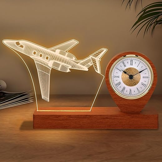 Airplane Model Quartz Clock for Boys Men Pilot Gifts, Airplane Night Light with Desk Table Clock for Aviation Lovers Room Decor,Aircraft Lamp for Kids Birthday Xmas Gifts