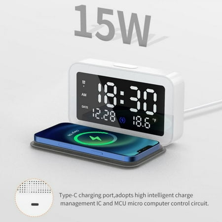 AJZIOJIRO Digital Alarm Clock 15W Wireless Fast Charger For IPhone Huawei USB Port On Side Support 5V / 1A Output When Stop Wireless Charge