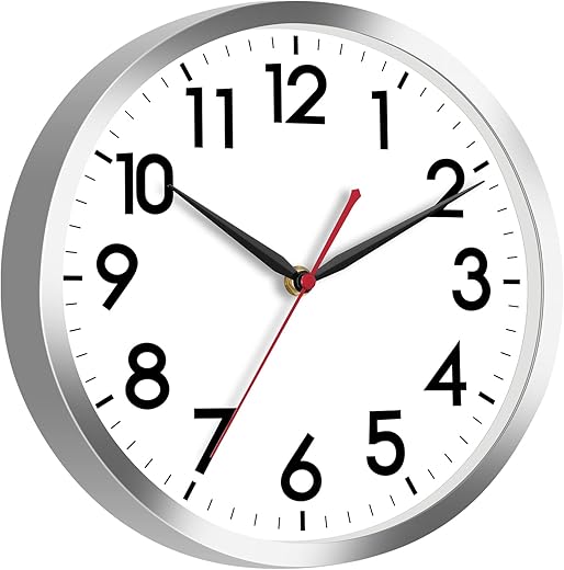 AKCISOT Wall Clock 12 Inch Silent Wall Clocks Battery Operated Non Ticking - Modern Silver Clock Decorative for Kitchen, Bathroom, Bedroom, Living Room, Office, Home