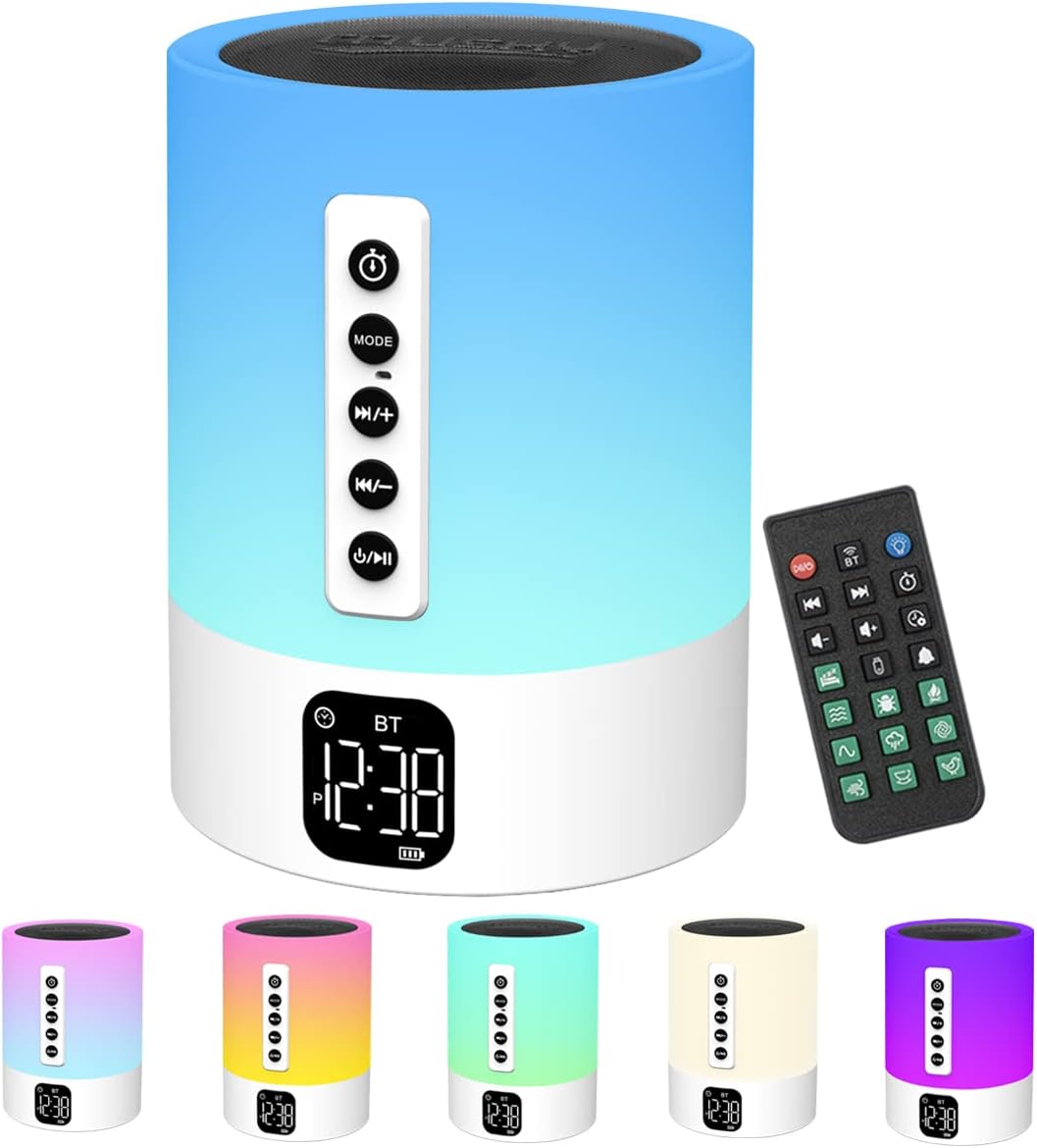 Alarm Clock Bluetooth Speaker, Night Light White Noise Machine Touch Bedside Lamp with Alarm Clock for Kids Multi-Color Changing Night Light Xmas Gifts for Teenage Girls Boys Women Teen Girl Gifts