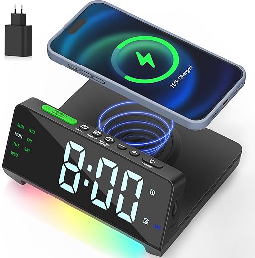 Alarm Clock Charging Station,Dual USB-C Ports,Dual Alarm,Night Light,Full Dimmable Display,Calendar,Snooze,Alarm Clock with Wireless Charging,Loud Alarm Clock Bedrooms for Heavy Sleepers,Teens Gifts