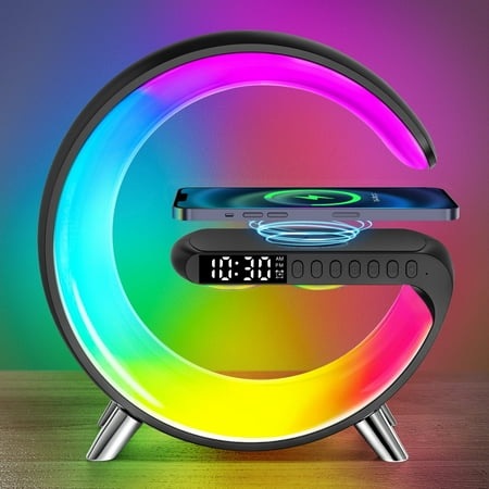 Alarm Clock, Digital Alarm Clock Radio with Wireless Charging & LED Table Lamp, Bluetooth Speaker & FM Radio, 4 in 1 Dimmable Night Light Touch Lamp Alarm Clock W/ LED Display, Desk Clock for Bedroom