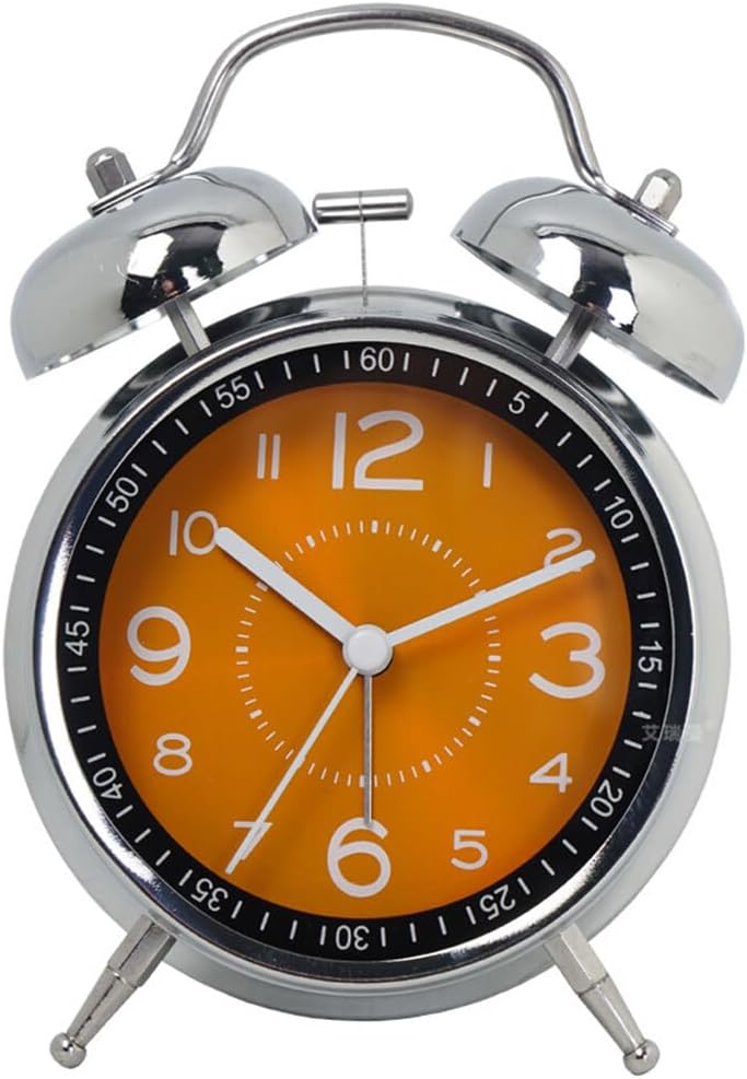 Alarm Clock Double Bell Numbers Alarm Clock Metal Quartz Battery Operated with Backlight Silent Non-Ticking for Bedside Desk Vintage Retro Decorative Old School Office Workers (Orange)