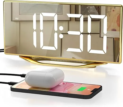 Alarm Clock for Bedroom, Modern Digital Clock for Living Room, 8.7 LED Mirror Alarm Clock with 2 USB Charger,Snooze,12/24H,7 Adjustable Dimmer & Volume Aesthetic Bedside Clock for Teens Kids Adults