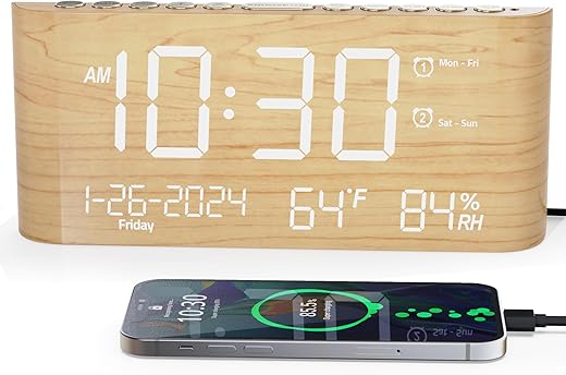 Alarm Clock Large Display,Digital Calendar Clocks with Temperature,Humidity and Date,2 Alarms,4 Alarm Settings,Type C&USB Charger,Weekday/Weekend Mode,Dimmer&Volume,Wood Desk Alarm Clocks for Bedrooms