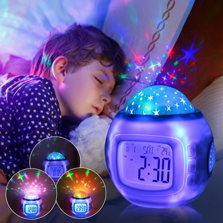 Alarm Clock Projector, Kids Sleep Clock, Starry Sky Night Light Star Projection Clock, Music Digital Alarm Clock with LED Backlight Calendar Thermometer for Kids Baby Children Bedroom Party