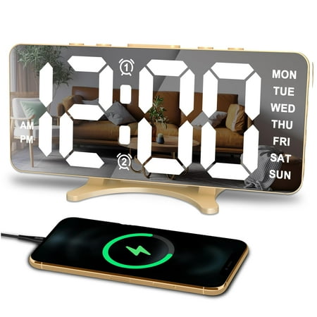 Alarm Clocks for Bedrooms, LED Mirror Digital Clock, Large Display with Dimming Mode, Dual Alarms & USB Ports, 4 Levels Brightness&2 Levels Volume, Desk Clock for Office Home Living Room Decor, Gold