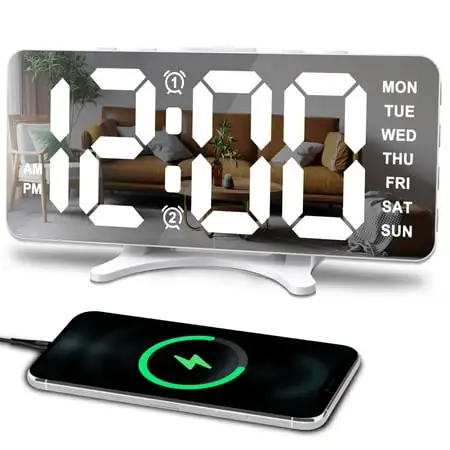 Alarm Clocks for Bedrooms, Slim LED Mirror Digital Alarm Desk Clock, Large Display with Dim Mode, Dual USB Ports, 4 Levels Brightness&2 Levels Volume,Modern Decoration for Dorm Home Office Room Decor