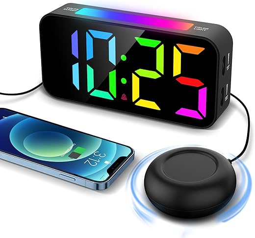 Alarm Clocks for Heavy Sleepers, Vibrating Alarm Clock with Bed Shaker, Night Light, Large Display, Dimmable Loud Clock for Adults Hearing Impaired Deaf Seniors Teens (RGB)