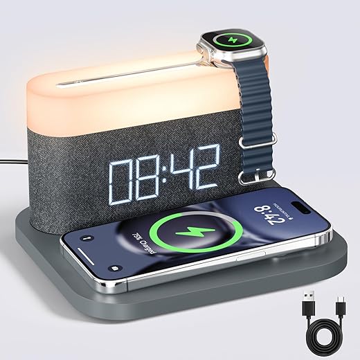 Alarm Clock with Multi-Function Mobile Phone Watch Wireless Charging 15W Max Touch Bedside Lamp,3 Colors nightlight, Sleep Timer for Bedroom,Bedside,Desk