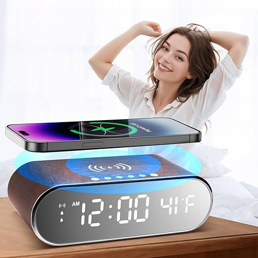 Alarm Clock with Wireless Charging 15W Fast, Alarm Clocks for Bedrooms 0-100% Dimmer, Dual Alarm Digital Clock Temperature&Date Display Wooden Clock Alarm Clock for Heavy Sleepers Adults Bedside Clock