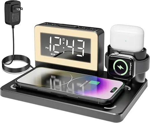 Alarm Clock with Wireless Charging, 7 Color Night Light, 5 In 1 Wireless Charger for Apple, Fast Wireless Charging Station for iPhone 16/15/14/13/12/11/Pro Series, For Apple Watch, For Airpods (black)