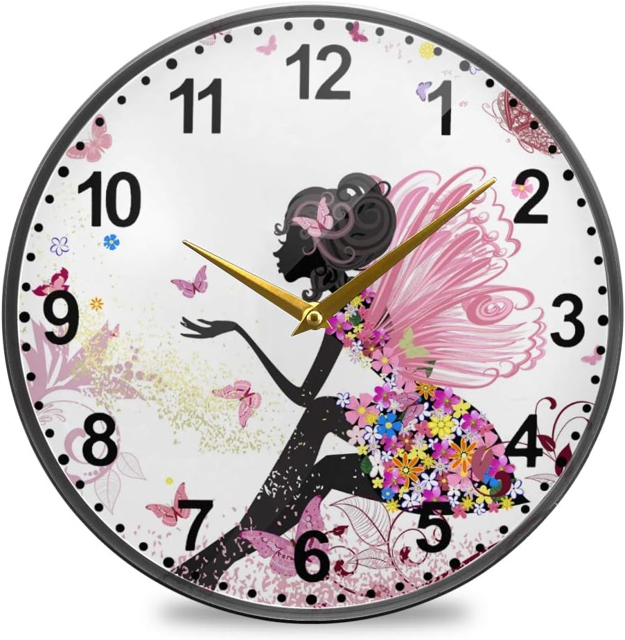 ALAZA Flower Fairy Pink Butterflies Wall Clock Battery Operated Silent Non Ticking Clocks for Living Room Decor 12 Inch / 9.5 Inch