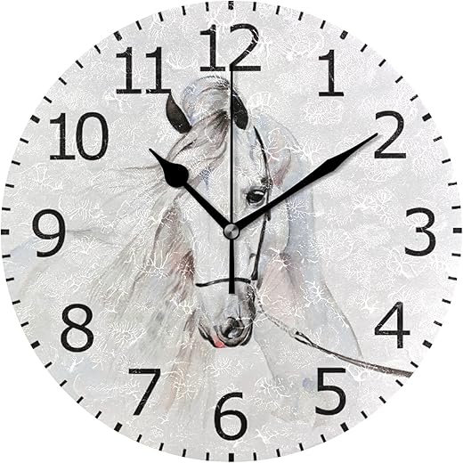 ALAZA Non-Ticking Round Clock, White Horse Decorative Battery Operated Wall Clock for Desktop Break Room Apartment Shop