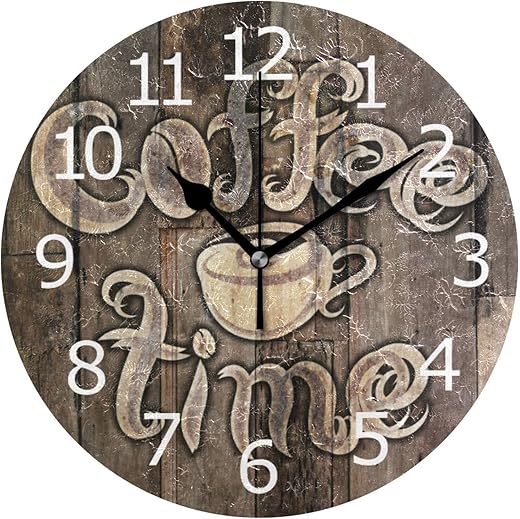 ALAZA Non-Ticking Silent Round Wall Clock, Coffee Time Grunge Decor Clock for Home School Kitchen Bedroom Living Room