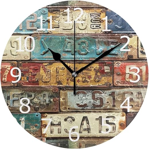 ALAZA Non-Ticking Silent Round Wall Clock, License Plates Vintage Decorative Clock Home Art for Meeting Room RV Healing Center