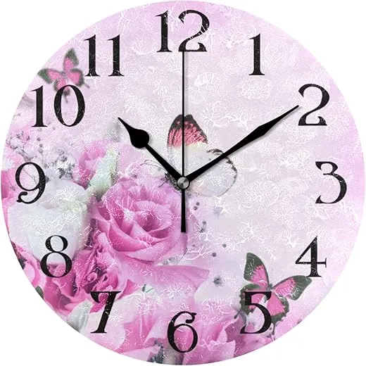 ALAZA Pink Wall Clock Butterfly Clocks Wall Rose Flower Bathroom Clock Battery Operated Non Ticking Silent Clocks Round Clock Living Room Decorative Clock