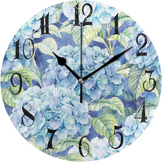 ALAZA Retro Blue Hydrangea Flower Round Wall Clock Non-Ticking Silent Battery Operated Decorative Clock for Living Room Home Office Decor