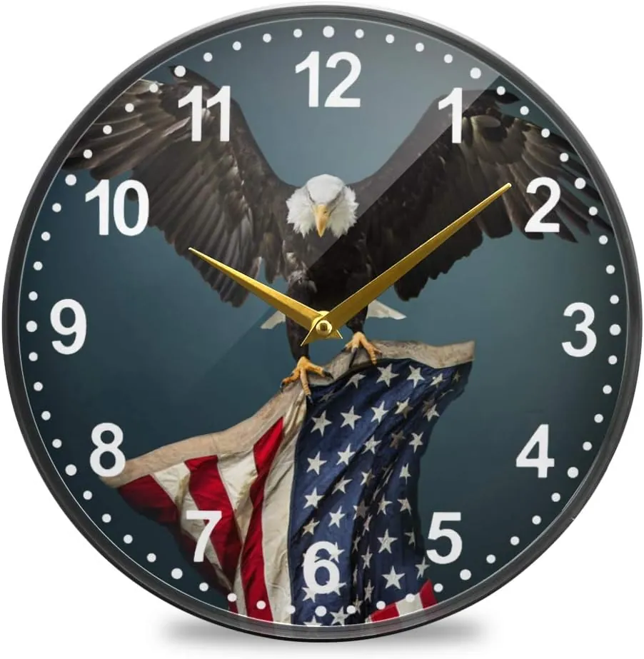 ALAZA USA Flag American Bald Eagle Wall Clock Battery Operated Silent Non Ticking Clocks for Living Room Decor 12 Inch / 9.5 Inch