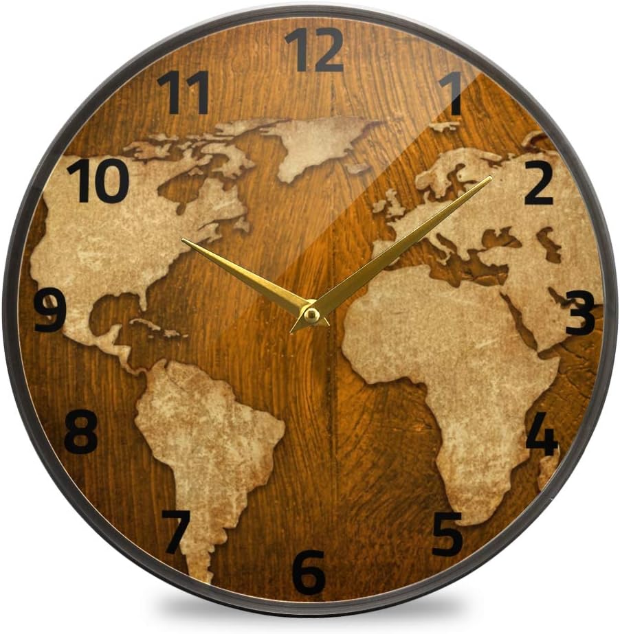 ALAZA World Map Vintage Brown Wood Print Wall Clock Battery Operated Silent Non Ticking Clocks for Living Room Decor 12 Inch / 9.5 Inch