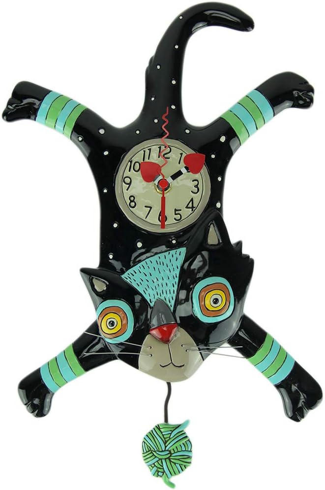 Allen Designs Enesco Craft Attack Cat with Yarn Sculpted Pendulum Wall Clock, 16.25 Inch, Multicolor