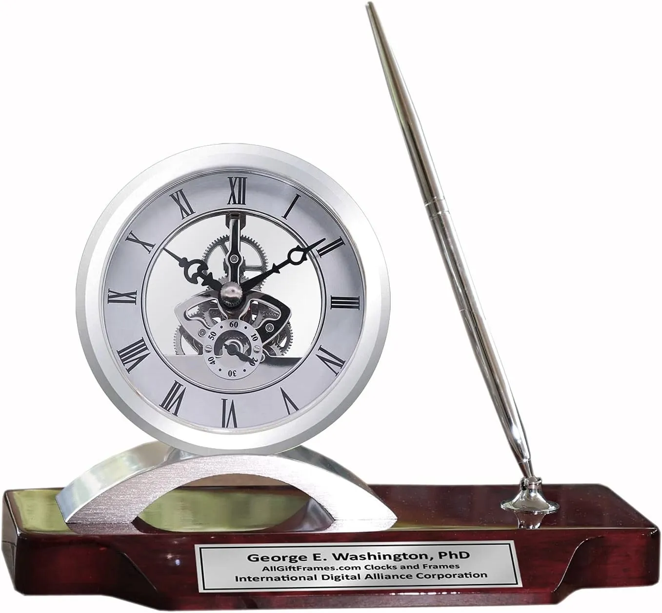 AllGiftFrames Desk Clock Pen Set Personalized Unique Silver Clock Clear Transparent Case Gear Davinci Timepiece Display Metal Pen Ink Set Wood Desktop Stand Desk Accessory Office Modern Home Engrave