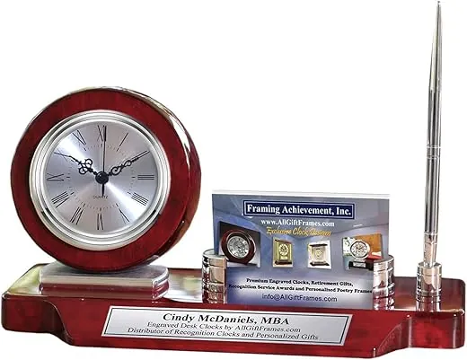 AllGiftFrames Personalized Desk Name Plate Desk Clock Business Card Holder Case Display Silver Pen on Cherry Wood Desktop Stand Graduation Gift Corporate Promotion Executive Employee Award