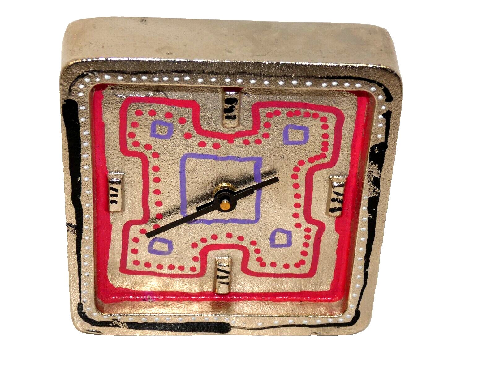 All Metal Contemporary Abstract Desk Clock Small 6"x6" Silver Red Black