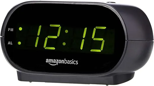 Amazon Basics Small Digital Oval Alarm Clock With LED Display, Nightlight & Battery Backup, Black, 4.5 x 3.5 x 2.4 Inches