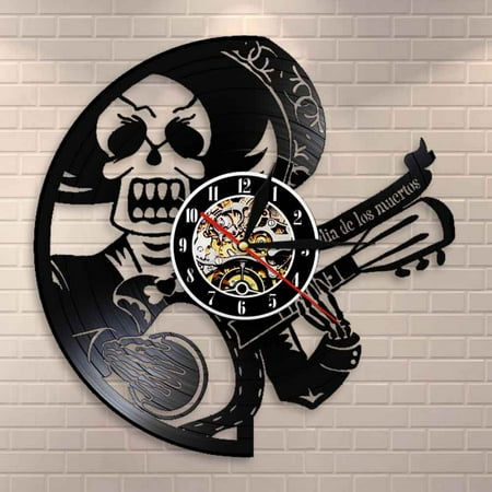 Amblelife Day of the Dead Musical Skull Wall Clock Dia De Los Muertos Guitarist Vinyl Record Clock Guitar Player Sugar Skull Home Decor