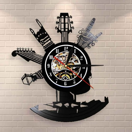 Amblelife Guitar Vinyl Record Wall Clock Musical Instruments Gifts For Rock Music Fans Home Art Design Personalized Decor Clock