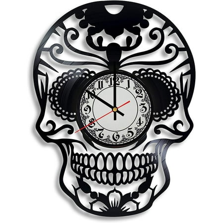 Amblelife Skull Vinyl Record Wall Clock, Day of The Dead Gift for Any Occasion, Skull Mask Art